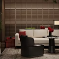 Hotel Public Lounge Area With Modern Design Wooden Screens Green Plants And Comfortable Sofa