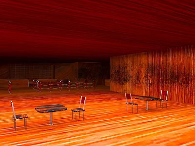Cartoon Restaurant Scene With Red Ceiling Wooden Walls Red Chairs And Dark Tables 3d model
