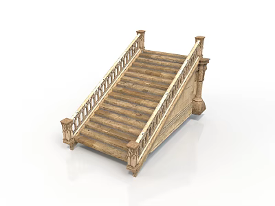 Ornate Wooden Staircase With Carved Railings Decorative Columns And Classic Steps 3d model