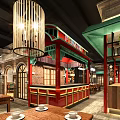 Traditional Restaurant Exterior With Brick Wall Green Awning Red Decorations And Entrance Design