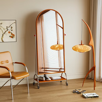 Louvered Standing Mirror On Wheeled Base With Orange Chair Pendant Lights And Wooden Floor 3d model