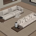 Modern Open Living Room Interior With Beige Sofas Area Rug And Fireplace