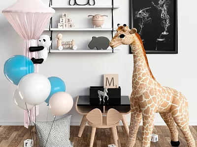 Cozy Kids Bed with Pink Canopy Giraffe Plush Toy Shelves and Colorful Balloons 3d model