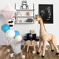 Cozy Kids Bed with Pink Canopy Giraffe Plush Toy Shelves and Colorful Balloons