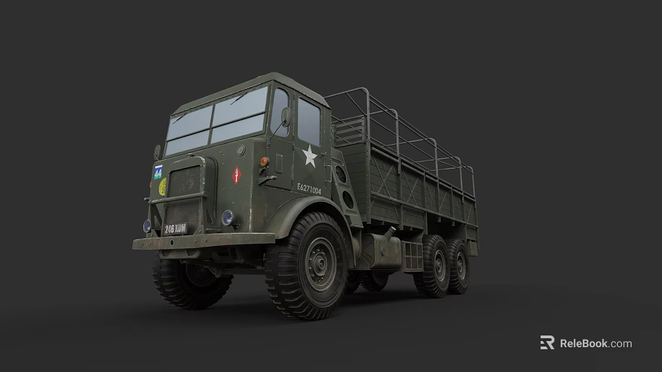 Green Military Truck With White Star Logo And Canvas Cargo Bed 3d model 