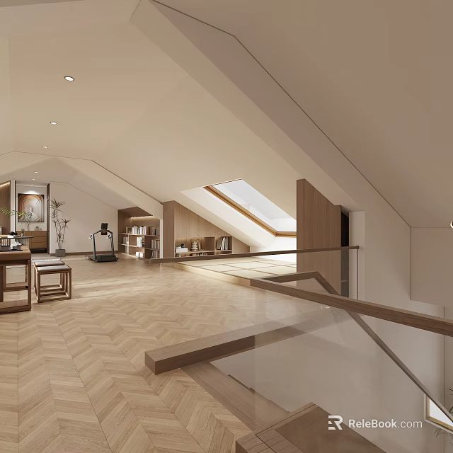 Modern Living Room Open Concept With Sloped Ceiling Skylight Wooden Floor Bookshelf And Glass Railing 3d model 