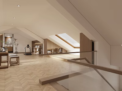 Modern Living Room Open Concept With Sloped Ceiling Skylight Wooden Floor Bookshelf And Glass Railing 3d model