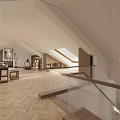 Modern Living Room Open Concept With Sloped Ceiling Skylight Wooden Floor Bookshelf And Glass Railing