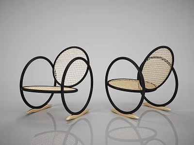 Modern Leisure Chair With Rattan Woven Seat Back Round Metal Frame And Wooden Rocking Legs 3d model