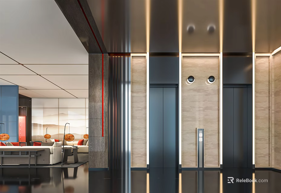 Modern Elevator Lobby With Sleek Doors Warm Lighting And Marble Wall Design 3d model 