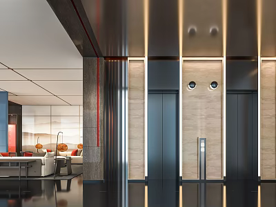 Modern Elevator Lobby With Sleek Doors Warm Lighting And Marble Wall Design 3d model
