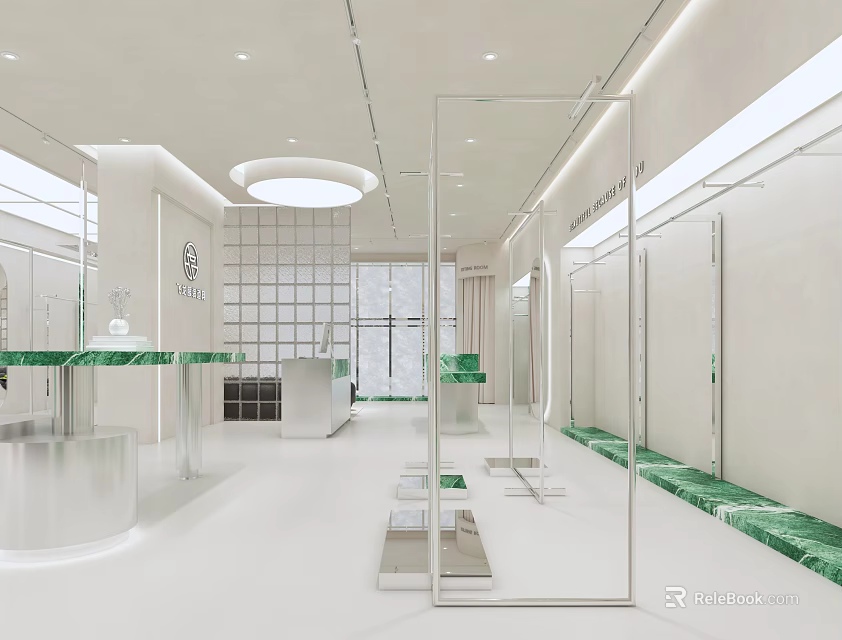 Modern Bright Clothing Store Interior With White Space Glass Displays Green Countertops And Clothing Racks 3d model 
