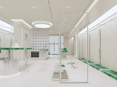 Modern Bright Clothing Store Interior With White Space Glass Displays Green Countertops And Clothing Racks 3d model