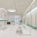 Modern Bright Clothing Store Interior With White Space Glass Displays Green Countertops And Clothing Racks
