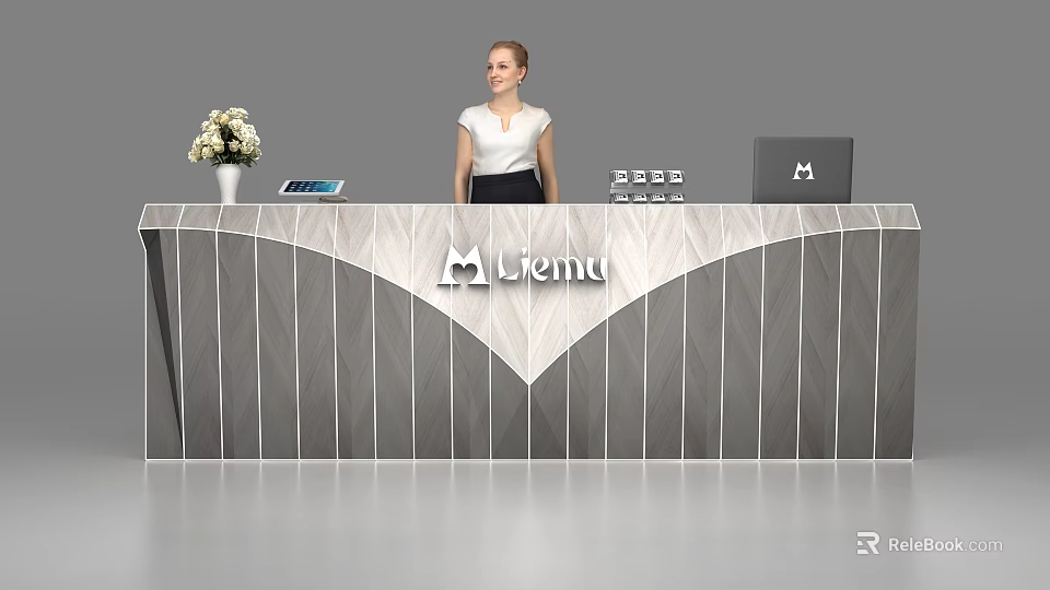 Modern Vertical Striped Reception Desk with Liernu Logo Vase Flowers Laptop Tablet 3d model 