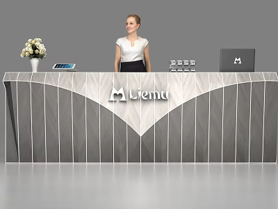 Modern Vertical Striped Reception Desk with Liernu Logo Vase Flowers Laptop Tablet 3d model