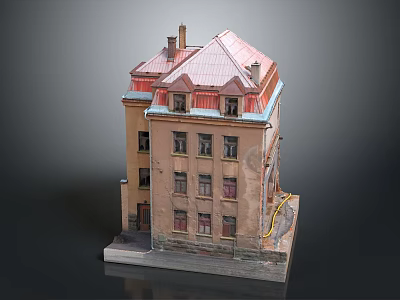 European Style Multi Story Building Model With Pink Roof Yellow Walls And Chimney 3d model
