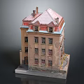 European Style Multi Story Building Model With Pink Roof Yellow Walls And Chimney