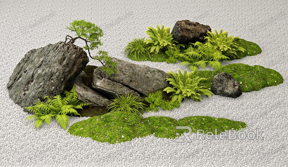 New Chinese Style Landscape Stone Bryophytes Courtyard Landscape Sits Stone Stones Stones Pteridophytes Plant Pile Plant Combination model