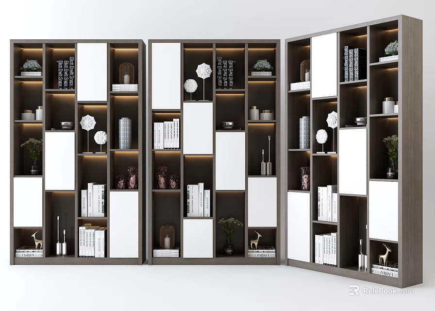 Modern Wooden Bookcase With Open Closed Compartments Storage Books Decorative Items Green Plants 3d model 