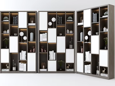 Modern Wooden Bookcase With Open Closed Compartments Storage Books Decorative Items Green Plants 3d model