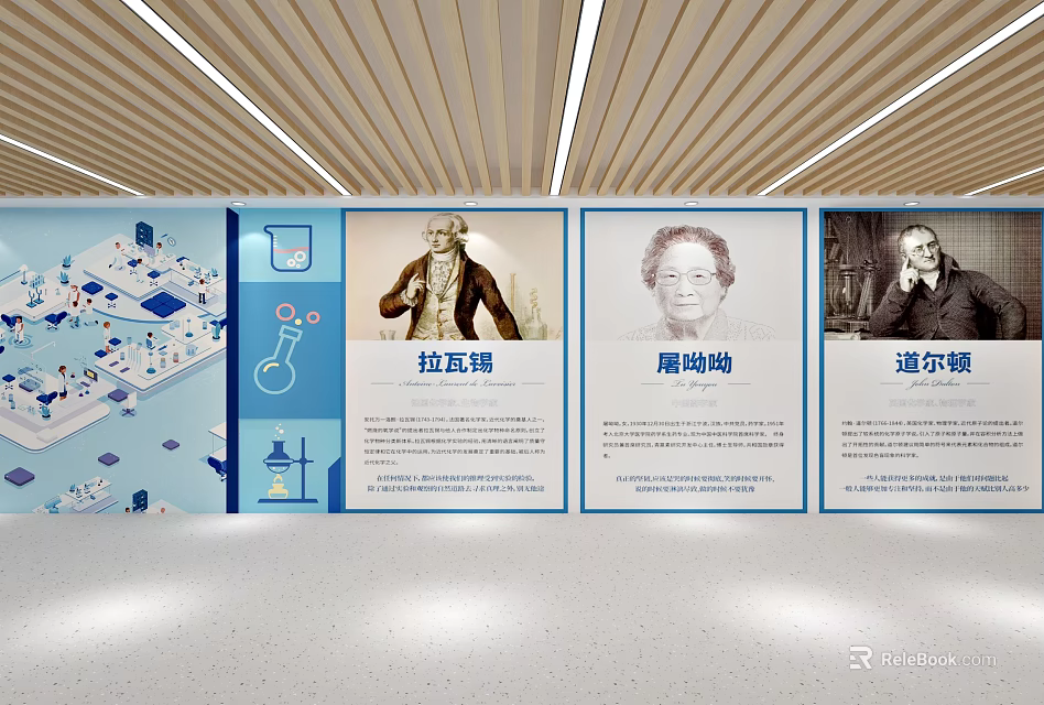 Campus Culture Wall Displaying Scientist Portraits And Scientific Educational Elements 3d model 