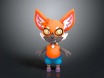 Cute Orange Cartoon Fox Character With Big Ears Glasses Orange Vest And Purple Shoes 3d model