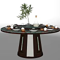 Elegant Round Dining Table With Decorative Plant Vase Wine Bottle And Tableware Setup 3d model