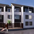 Modern Terraced Townhouse Exterior Featuring Trees Red Car Fence And Water Feature