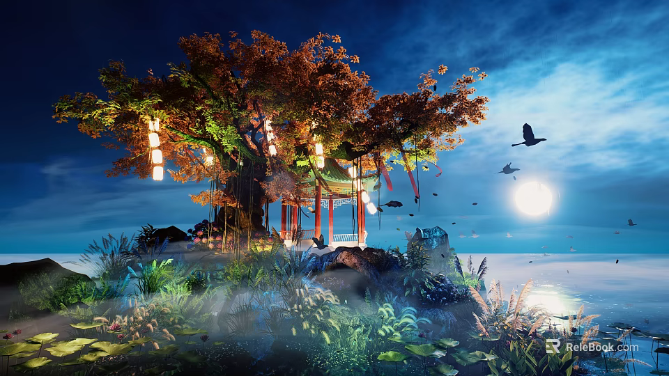 Enchanting Commercial Landscape With Large Tree Hanging Lanterns Pavilion And Moonlit Night Scene 3d model 