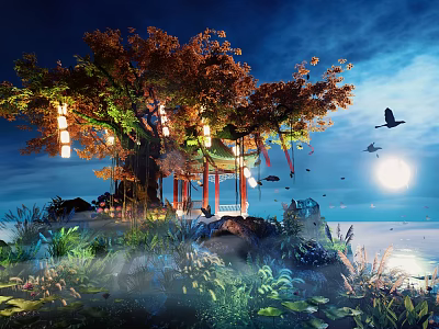 Enchanting Commercial Landscape With Large Tree Hanging Lanterns Pavilion And Moonlit Night Scene 3d model