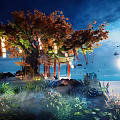 Enchanting Commercial Landscape With Large Tree Hanging Lanterns Pavilion And Moonlit Night Scene