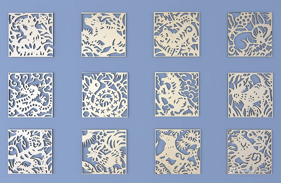 Intricate Square Shaped Carvings With Animal Patterns And Decorative Openwork Designs 3d model 