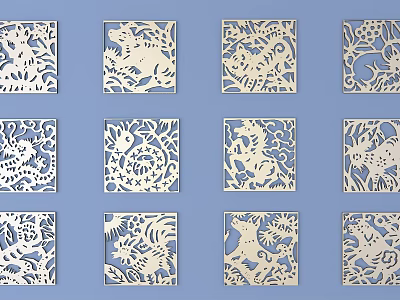 Intricate Square Shaped Carvings With Animal Patterns And Decorative Openwork Designs 3d model