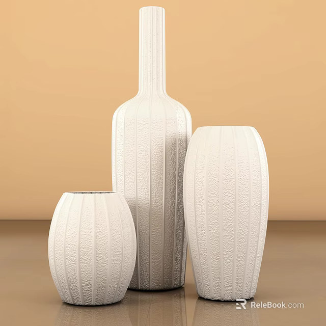 Elegant White Vases with Intricate Carved Patterns and Various Shapes on Beige Background 3d model 