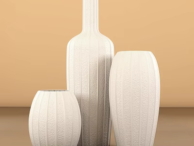Elegant White Vases with Intricate Carved Patterns and Various Shapes on Beige Background 3d model