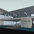 Modern Architectural Building Exterior With Glass Curtain Wall And Night Lighting At Entrance