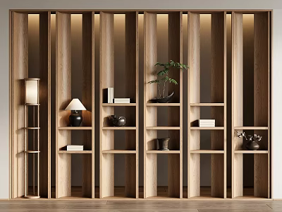 Elegant Modern Wooden Bookcase Design With Open Shelves Books Decorative Items Plants And Lamps 3d model