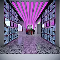 Store Front Desk With Purple Striped Ceiling Illuminated Display Walls And Patterned Tile Floor 3d model