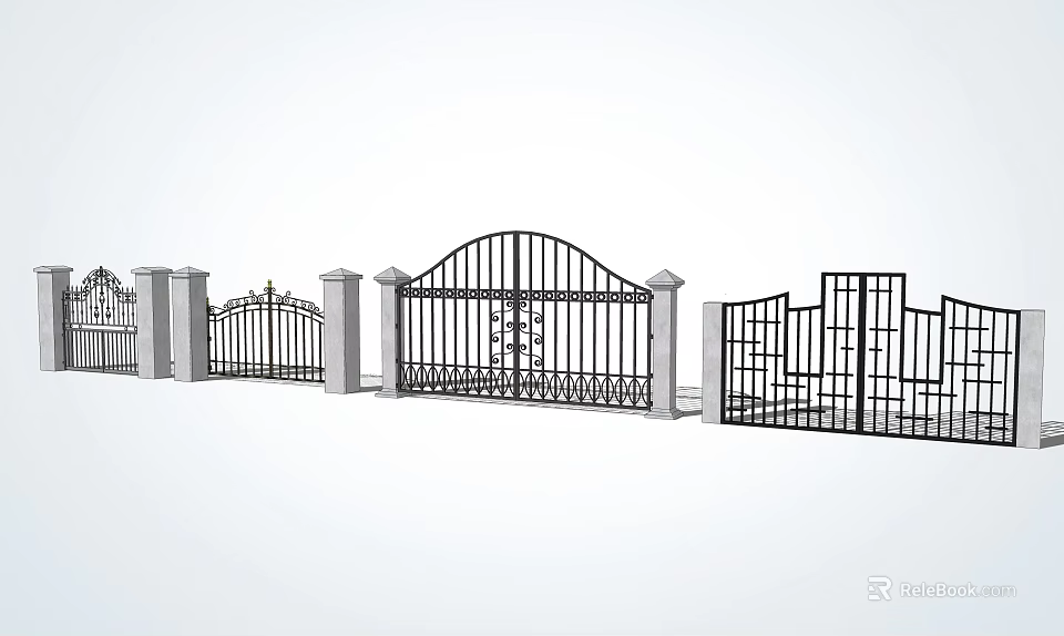 Ornate Wrought Iron Gates With Various Designs And Stone Pillars 3d model 