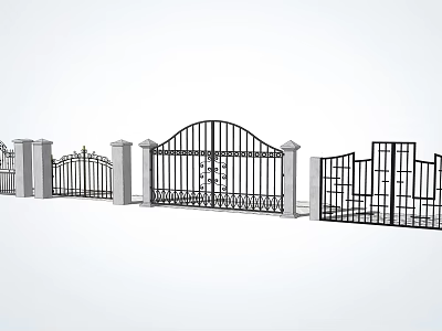 Ornate Wrought Iron Gates With Various Designs And Stone Pillars 3d model