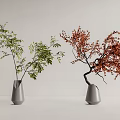 Two Minimalist Gray Vases With Green Branches And Red Flowers For Indoor Decor