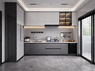 Modern Kitchen Interior Design With Gray Cabinets Countertop Lighting And Appliances 3d model