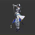 Fantasy Armored Character in Blue White Armor With Long Spear And Ornate Decorations