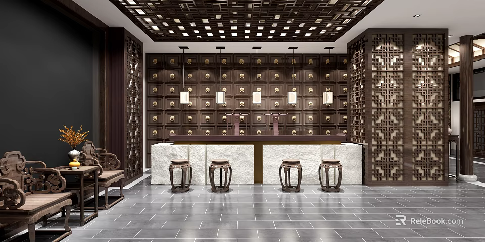 Traditional Chinese Style Hall With Wooden Lattice Ceiling Circular Wall Decor White Counter And Stools 3d model 