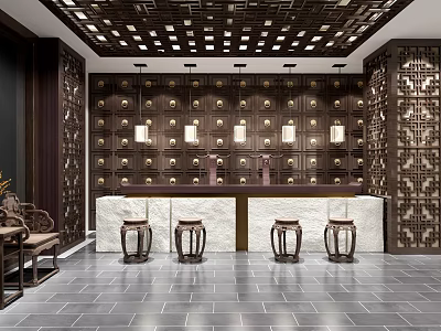 Traditional Chinese Style Hall With Wooden Lattice Ceiling Circular Wall Decor White Counter And Stools 3d model