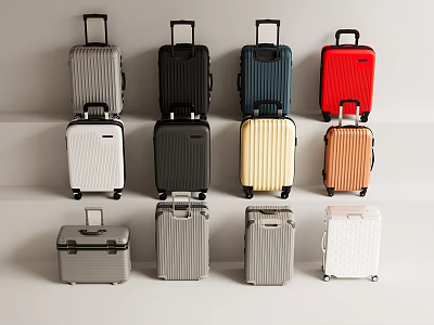 Various Colored Suitcases In Different Styles And Sizes Arranged On White Background 3d model