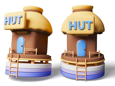 Cute Cartoon Thatched Roof Huts With HUT Signs Blue Doors Ladders And Colorful Bases 3d model