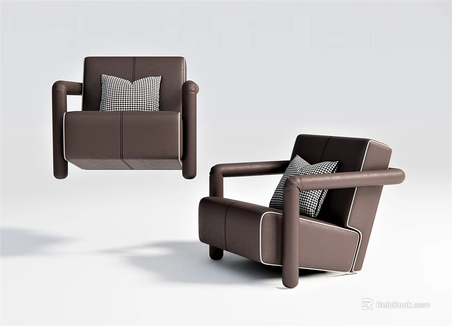 Modern Brown Leather Single Sofa With Checkered Pillow And Sleek Design 3d model