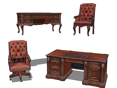 Classic Wooden Desk With Carved Details And Leather Office Chairs 3d model
